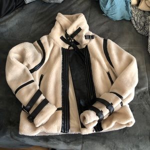 ASOS Shearling Cream Coat with leather detail